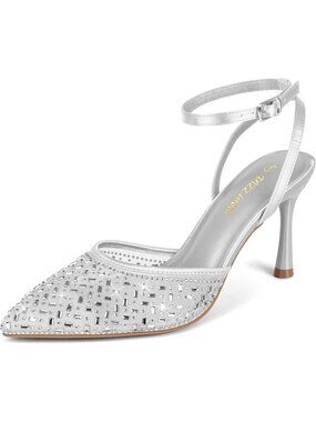 Women's High Heel Stiletto Pumps Silver Closed Toe Sparkly Rhinestones Ankle